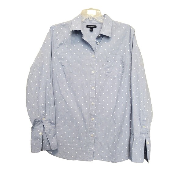Lands' End Women's Cotton Blue Check Dotted Long Sleeve Button-Up Shirt Size 14 - Picture 1 of 5